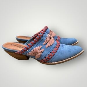 Jeffrey Campbell Billy Blue Suede Bohemian Western Floral Mules Size 8.5